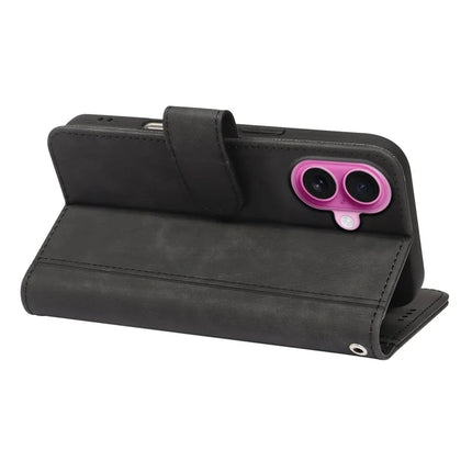 For iPhone 16 Plus Leather Case Line Pattern Wallet Phone Cover with 9 Card Slots