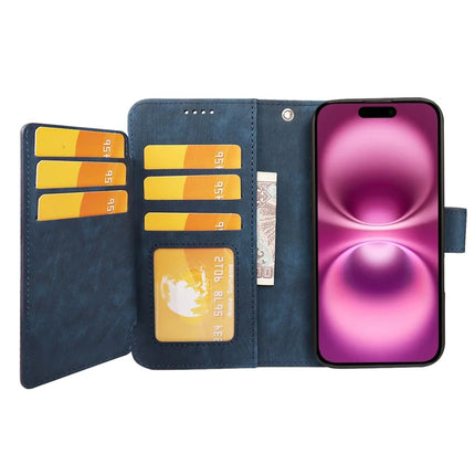 For iPhone 16 Plus Leather Case Line Pattern Wallet Phone Cover with 9 Card Slots