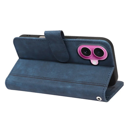 For iPhone 16 Plus Leather Case Line Pattern Wallet Phone Cover with 9 Card Slots