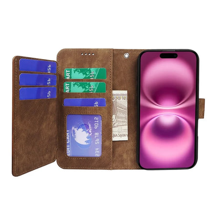 For iPhone 16 Plus Leather Case Line Pattern Wallet Phone Cover with 9 Card Slots