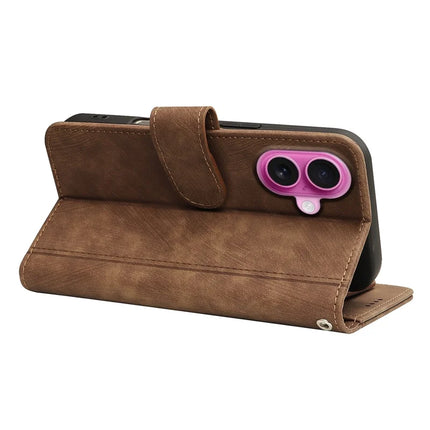For iPhone 16 Plus Leather Case Line Pattern Wallet Phone Cover with 9 Card Slots