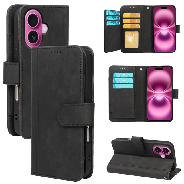 For iPhone 16 Leather Case Line Pattern Wallet Phone Cover with 9 Card Slots - Black
