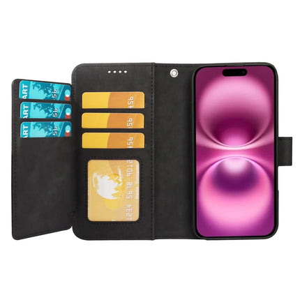 For iPhone 16 Leather Case Line Pattern Wallet Phone Cover with 9 Card Slots