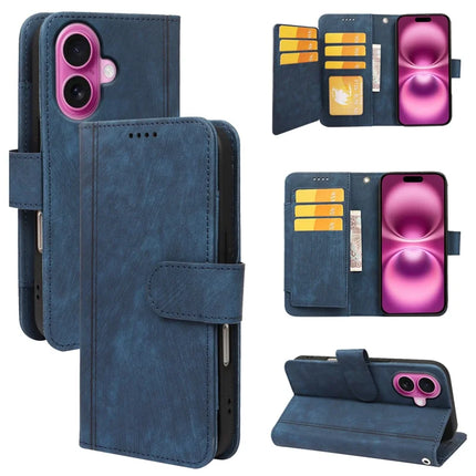 For iPhone 16 Leather Case Line Pattern Wallet Phone Cover with 9 Card Slots - Blue