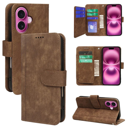 For iPhone 16 Leather Case Line Pattern Wallet Phone Cover with 9 Card Slots - Brown