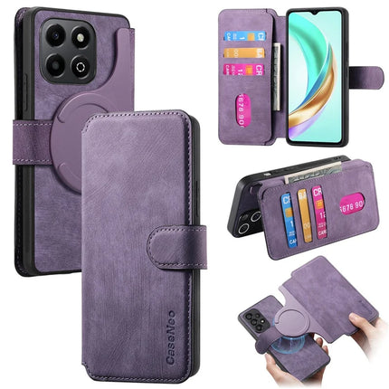For Honor X6b 4G Case CASENEO Detachable Magnetic RFID Block Leather Phone Wallet Cover - Purple 