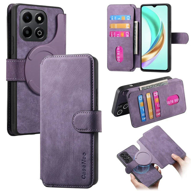 For Honor X6b 4G Case CASENEO Detachable Magnetic RFID Block Leather Phone Wallet Cover - Purple 
