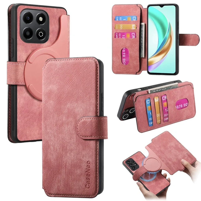 For Honor X6b 4G Case CASENEO Detachable Magnetic RFID Block Leather Phone Wallet Cover - Pink