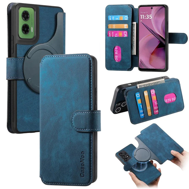 For Motorola Moto G35 5G Case CASENEO Detachable Magnetic RFID Block Leather Phone Wallet Cover - Dark Blue