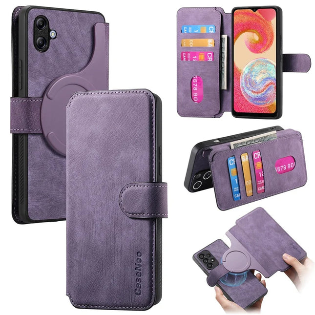 For Samsung Galaxy A04e 4G Case CASENEO Detachable Magnetic RFID Block Leather Phone Wallet Cover - Purple 