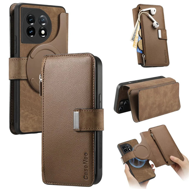 For OnePlus 11 5G Case CASENEO MW-02 Detachable Magnetic Leather Flip Phone Cover - Brown