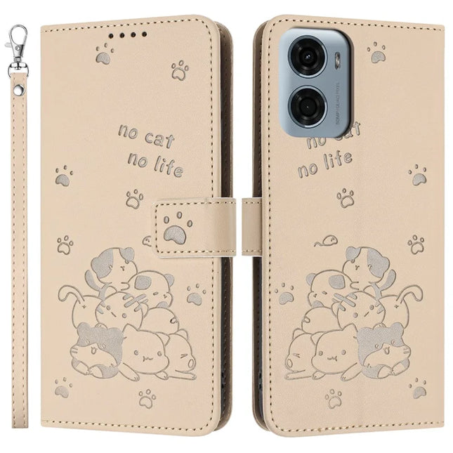For Motorola Moto G05 4G Case with Strap Cats Imprint Leather Wallet Phone Cover - Beige