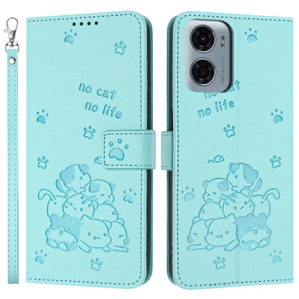 For Motorola Moto G05 4G Case with Strap Cats Imprint Leather Wallet Phone Cover - Green