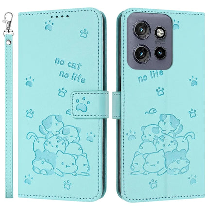 For Motorola Moto G15 4G Case with Strap Cats Imprint Leather Wallet Phone Cover - Green