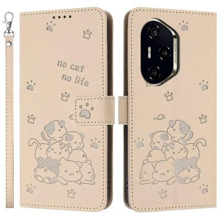 For Honor 300 Pro / 300 Ultra Case with Strap Cats Imprint Leather Wallet Phone Cover - Beige