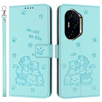 For Honor 300 Pro / 300 Ultra Case with Strap Cats Imprint Leather Wallet Phone Cover - Green