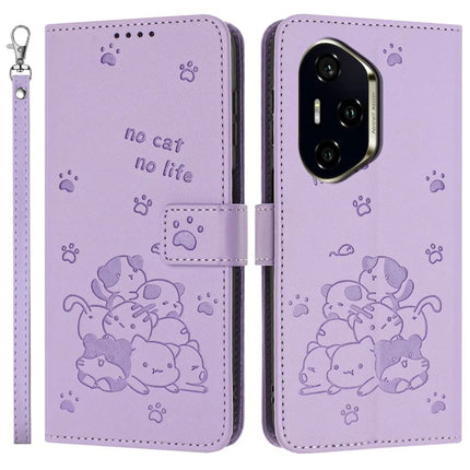 For Honor 300 Pro / 300 Ultra Case with Strap Cats Imprint Leather Wallet Phone Cover - Purple