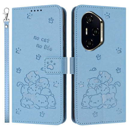 For Honor 300 Pro / 300 Ultra Case with Strap Cats Imprint Leather Wallet Phone Cover - Blue