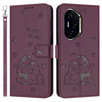 For Honor 300 Pro / 300 Ultra Case with Strap Cats Imprint Leather Wallet Phone Cover - Wine Red