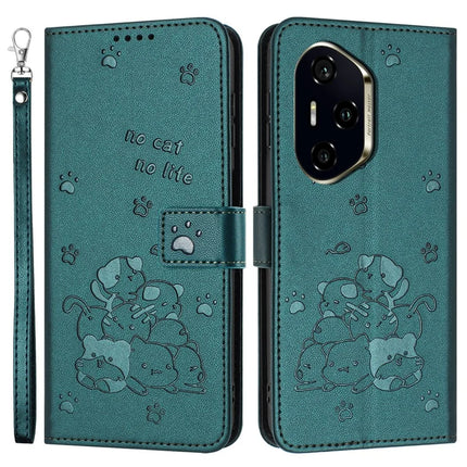For Honor 300 Pro / 300 Ultra Case with Strap Cats Imprint Leather Wallet Phone Cover - Blackish Green