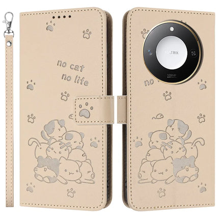 For Honor X9c Smart 5G / X60 5G Case with Strap Cats Imprint Leather Wallet Phone Cover - Beige