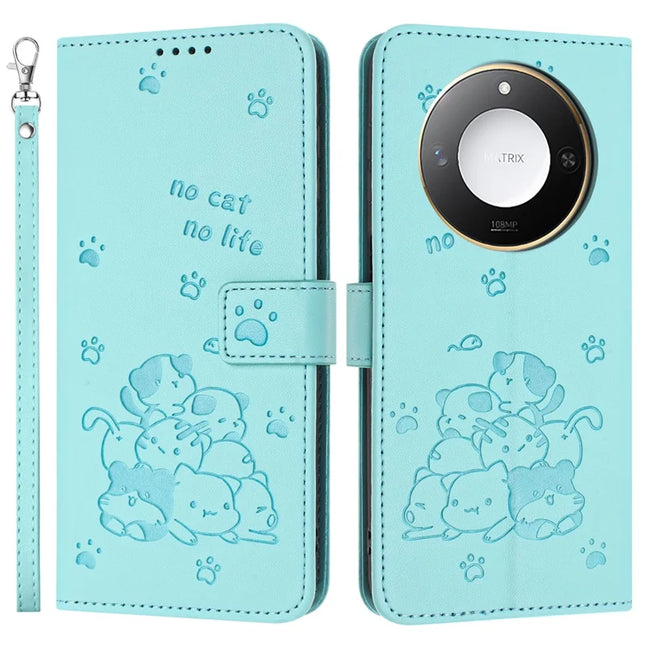 For Honor X9c Smart 5G / X60 5G Case with Strap Cats Imprint Leather Wallet Phone Cover - Green