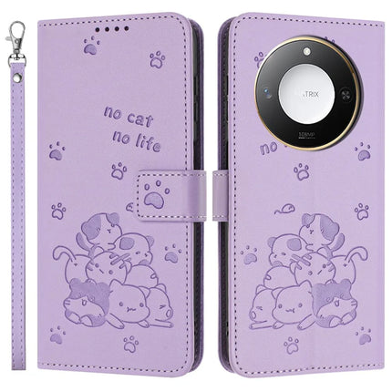 For Honor X9c Smart 5G / X60 5G Case with Strap Cats Imprint Leather Wallet Phone Cover - Purple