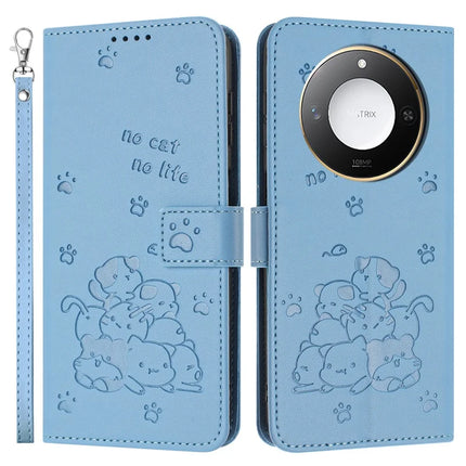 For Honor X9c Smart 5G / X60 5G Case with Strap Cats Imprint Leather Wallet Phone Cover - Blue