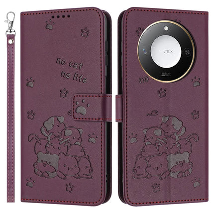 For Honor X9c Smart 5G / X60 5G Case with Strap Cats Imprint Leather Wallet Phone Cover - Wine Red