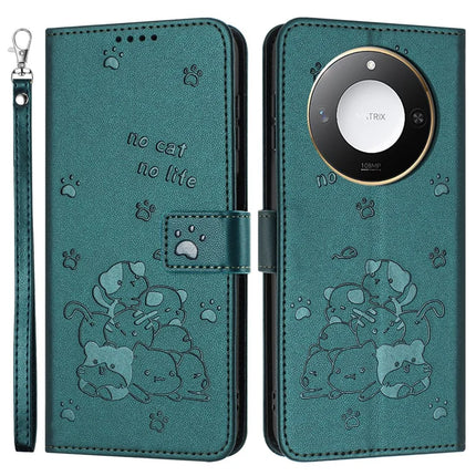 For Honor X9c Smart 5G / X60 5G Case with Strap Cats Imprint Leather Wallet Phone Cover - Blackish Green