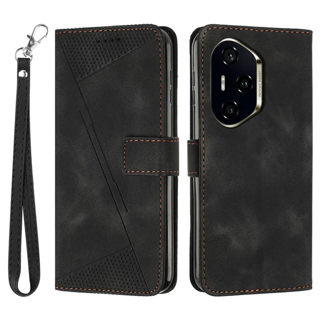 For Honor 300 Pro / 300 Ultra Case Handbag Imprinted Triangle Leather Phone Cover - Black