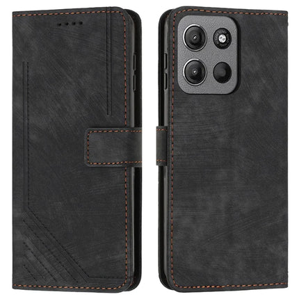 For Motorola Moto G15 4G Case Imprinted Lines Leather Phone Cover Folding Stand - Black