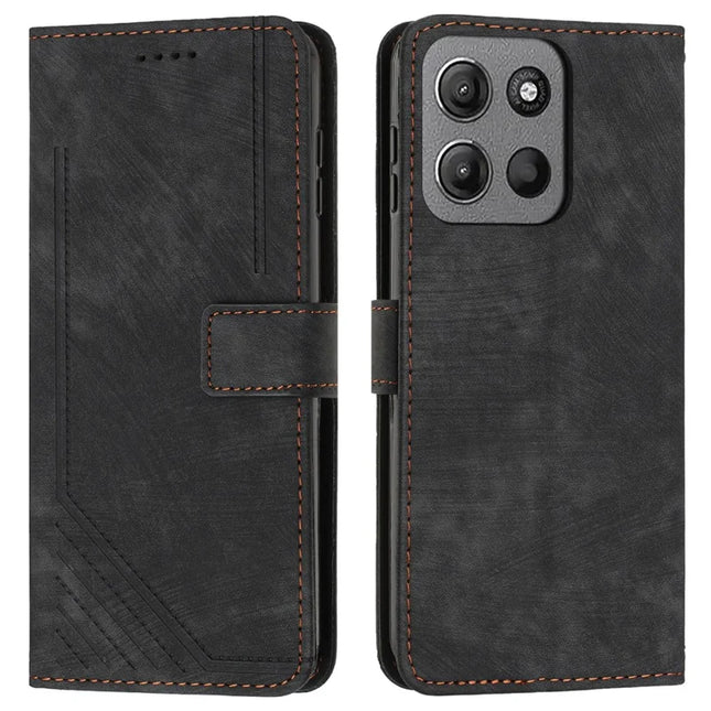 For Motorola Moto G15 4G Case Imprinted Lines Leather Phone Cover Folding Stand - Black