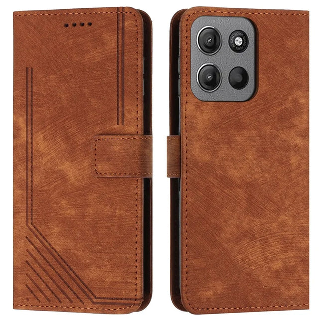 For Motorola Moto G15 4G Case Imprinted Lines Leather Phone Cover Folding Stand - Brown
