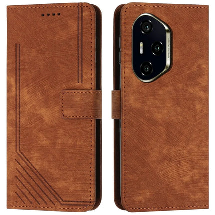 For Honor 300 Pro / 300 Ultra Case Imprinted Lines Leather Phone Cover Folding Stand - Brown