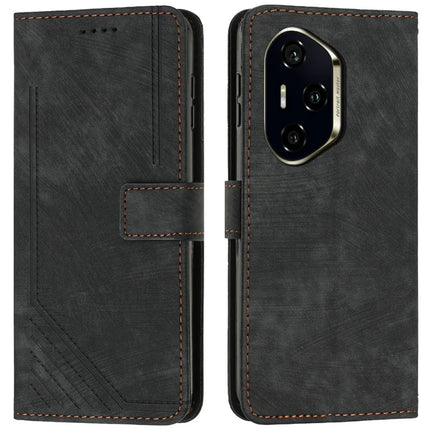 For Honor 300 Pro / 300 Ultra Case Imprinted Lines Leather Phone Cover Folding Stand - Black