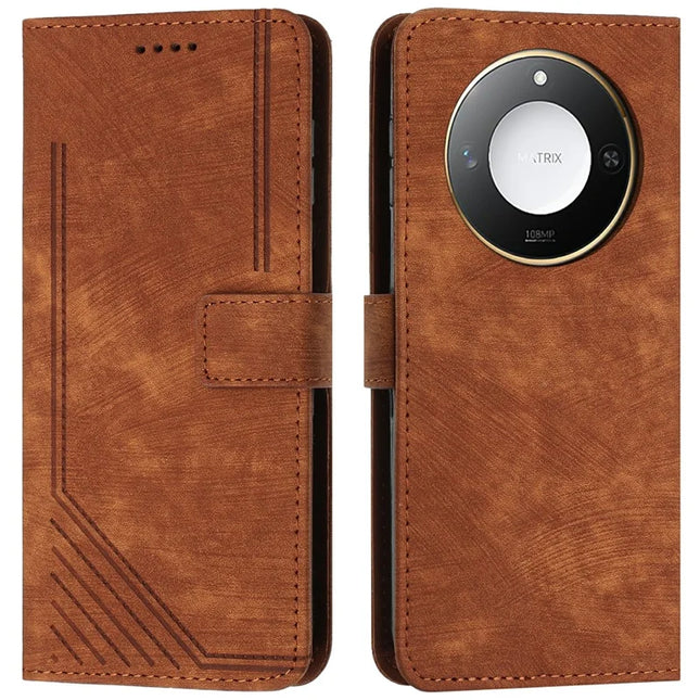 For Honor X9c Smart 5G / X60 5G Case Imprinted Lines Leather Phone Cover Folding Stand - Brown