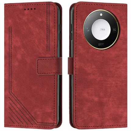 For Honor X9c Smart 5G / X60 5G Case Imprinted Lines Leather Phone Cover Folding Stand - Red