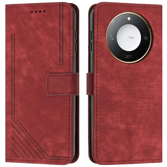 For Honor X9c Smart 5G / X60 5G Case Imprinted Lines Leather Phone Cover Folding Stand - Red