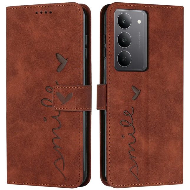 For Realme C75 / V60 Pro Case Viewing Stand PU Leather Phone Cover Imprinted Heart Pattern - Brown