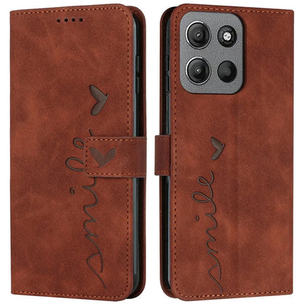 For Motorola Moto G15 4G Case Viewing Stand PU Leather Phone Cover Imprinted Heart Pattern - Brown