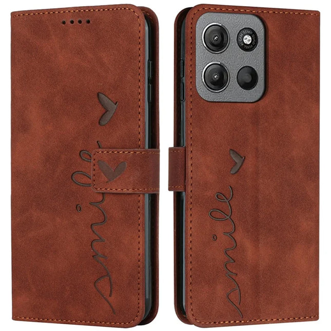 For Motorola Moto G15 4G Case Viewing Stand PU Leather Phone Cover Imprinted Heart Pattern - Brown