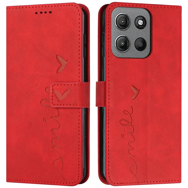 For Motorola Moto G15 4G Case Viewing Stand PU Leather Phone Cover Imprinted Heart Pattern - Red