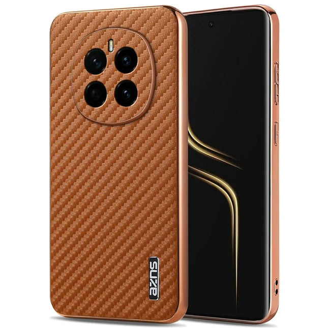 AZNS For Honor Magic7 5G Case Electroplating Carbon Fiber Texture PU + TPU Phone Cover - Brown