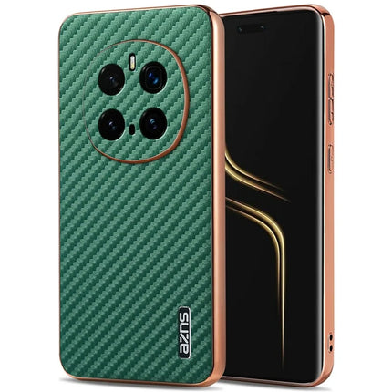 AZNS For Honor Magic7 Pro 5G Case Electroplating Carbon Fiber Texture PU + TPU Phone Cover - Green