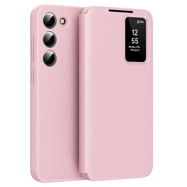 For Samsung Galaxy S23 Leather Phone Case with View Window Card Slot - Pink