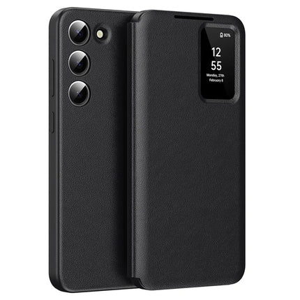 For Samsung Galaxy S23 Leather Phone Case with View Window Card Slot - Black