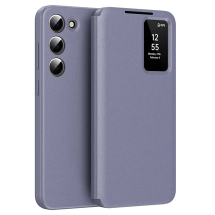 For Samsung Galaxy S23 Leather Phone Case with View Window Card Slot - Grey Purple