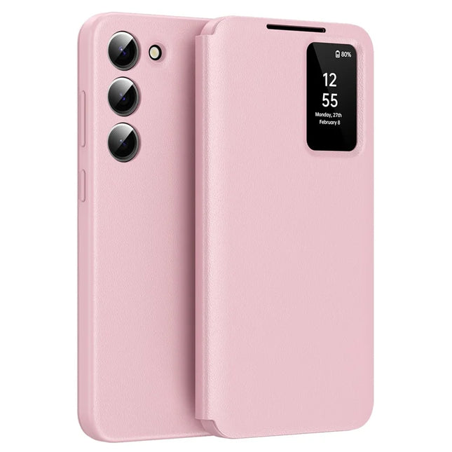 For Samsung Galaxy S23+ Case Leather Phone Cover with View Window Card Slot - Pink
