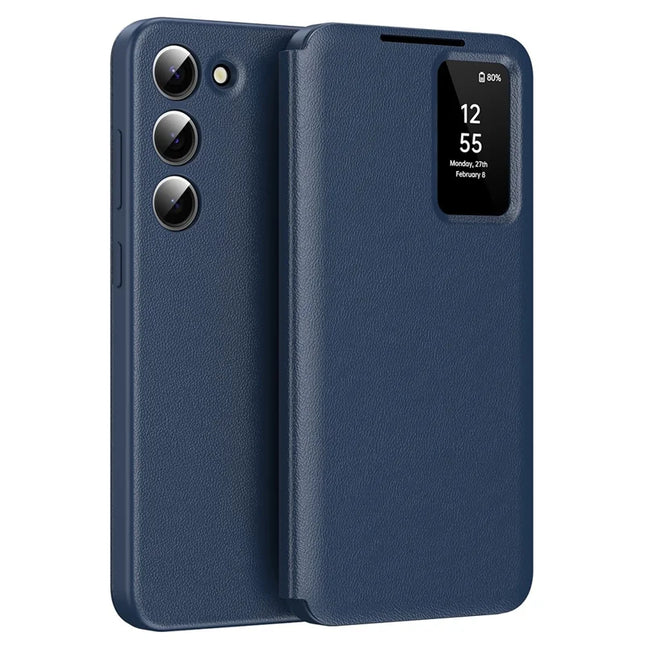 For Samsung Galaxy S22 5G Case Leather Phone Cover with View Window Card Slot - Sapphire